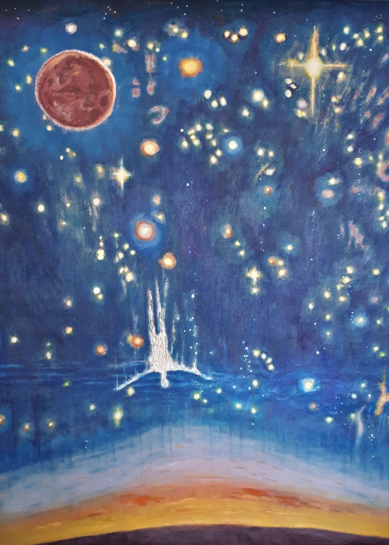 a figure falling through a starry night sky filled with in colours of blue, yellow, and red...