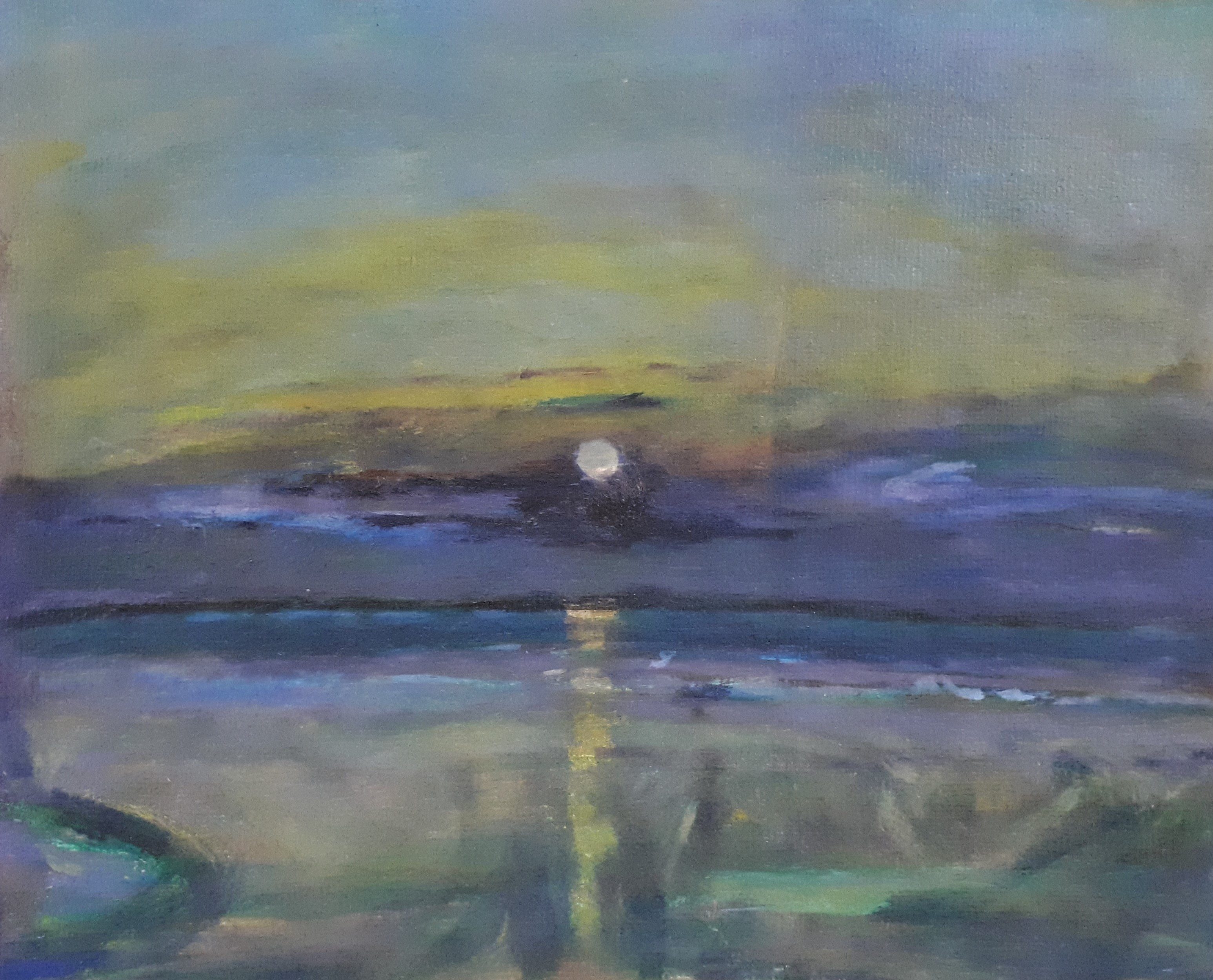 A Full moon in a purple and yellow sky. The yellow moonlight reflects on a teal coloured sea