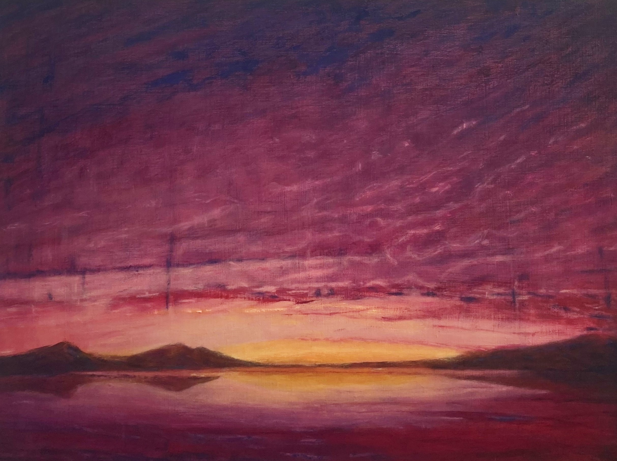 A 46 cm high by 60cm wide Vermilion coloured oil painting of a Scottish Highland Sunset.